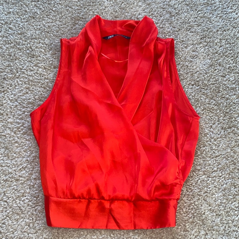 Zara Red Satin Sleeveless Wrap Blouse